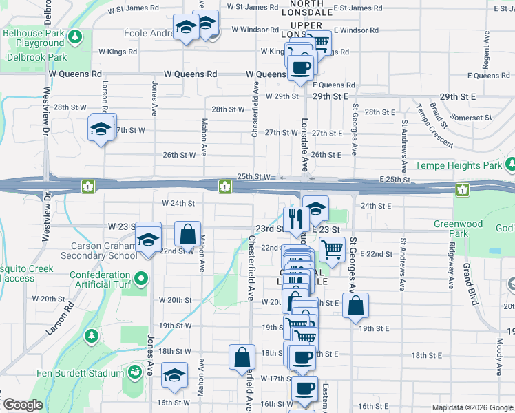 map of restaurants, bars, coffee shops, grocery stores, and more near 2356 Chesterfield Avenue in North Vancouver