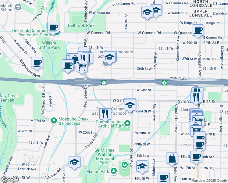 map of restaurants, bars, coffee shops, grocery stores, and more near 457 West 24th Street in North Vancouver