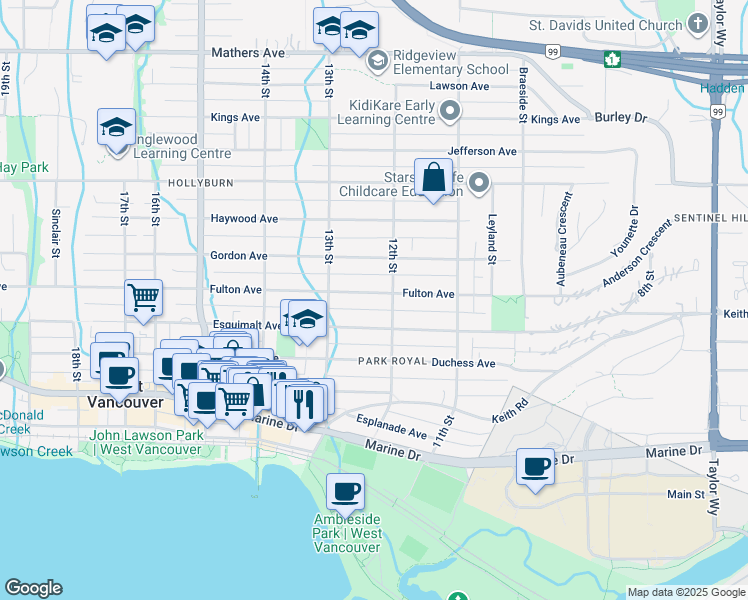 map of restaurants, bars, coffee shops, grocery stores, and more near 1224 Fulton Avenue in West Vancouver