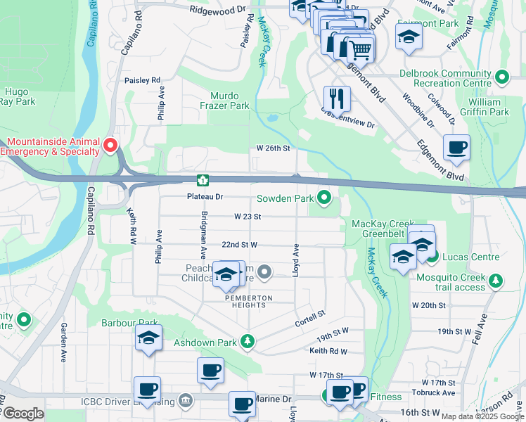 map of restaurants, bars, coffee shops, grocery stores, and more near 1176 West 23 Street in North Vancouver