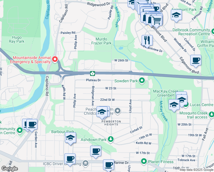 map of restaurants, bars, coffee shops, grocery stores, and more near 1224 West 23 Street in North Vancouver