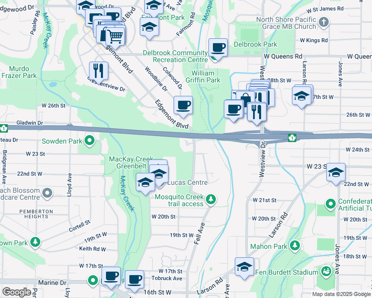 map of restaurants, bars, coffee shops, grocery stores, and more near 2425 Edgemont Boulevard in North Vancouver