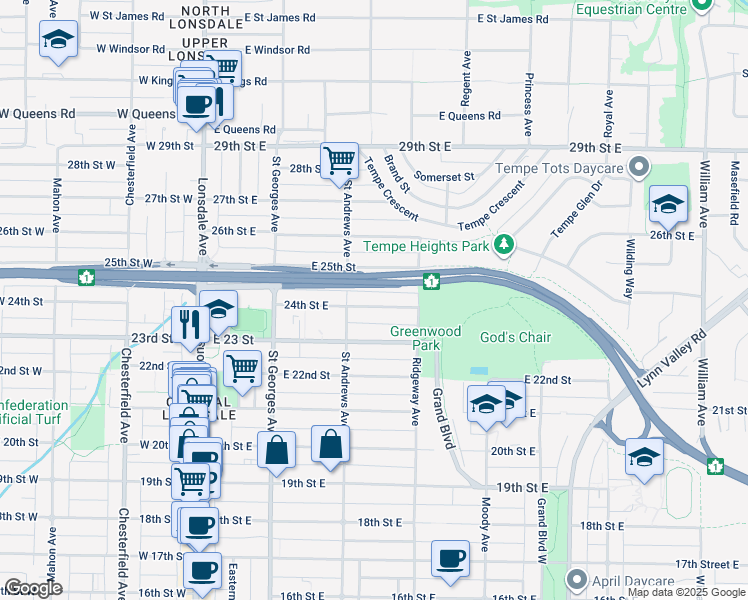 map of restaurants, bars, coffee shops, grocery stores, and more near 324 24th Street East in North Vancouver