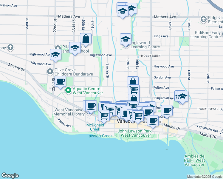 map of restaurants, bars, coffee shops, grocery stores, and more near 1820 Fulton Avenue in West Vancouver