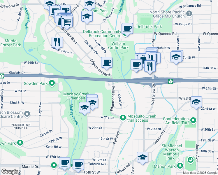 map of restaurants, bars, coffee shops, grocery stores, and more near 2425 Edgemont Boulevard in North Vancouver