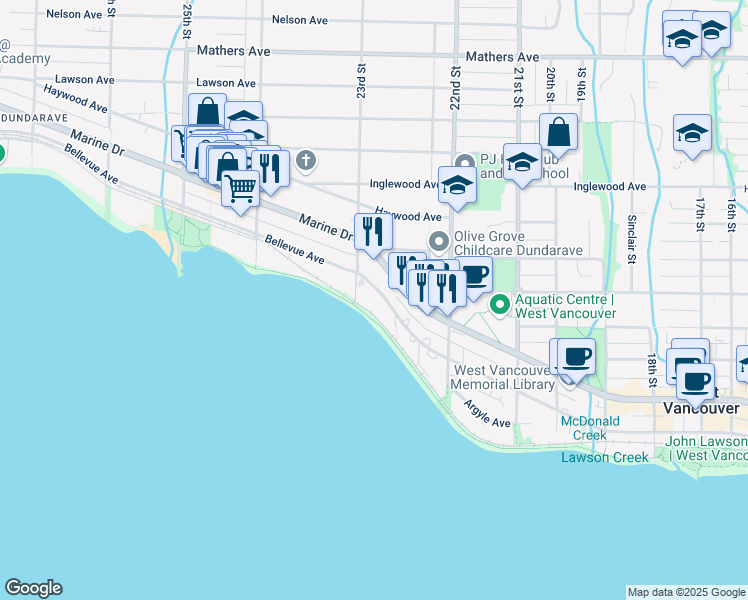 map of restaurants, bars, coffee shops, grocery stores, and more near 2280 Bellevue Avenue in West Vancouver