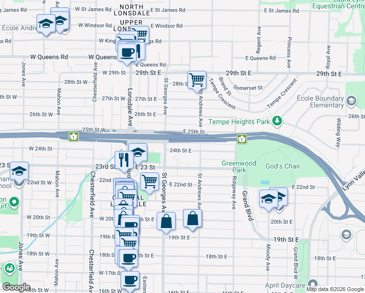 map of restaurants, bars, coffee shops, grocery stores, and more near 234 24th Street East in North Vancouver
