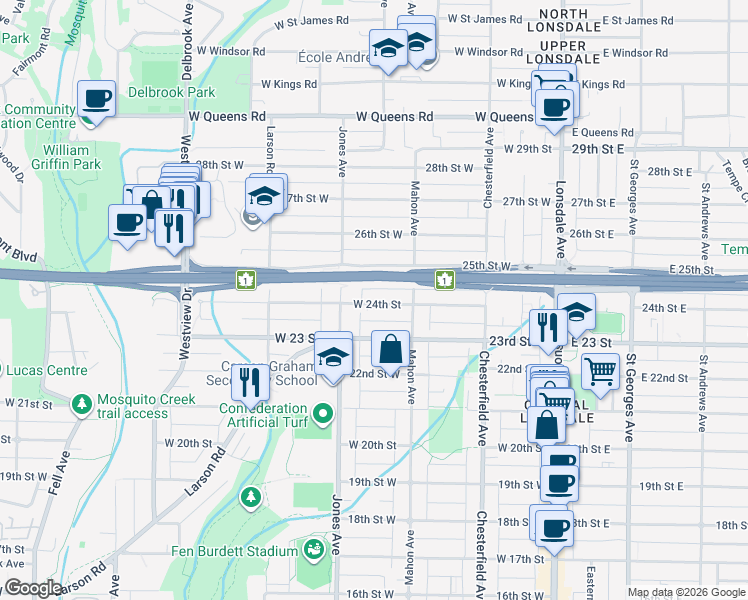 map of restaurants, bars, coffee shops, grocery stores, and more near 338 West 24th Street in North Vancouver