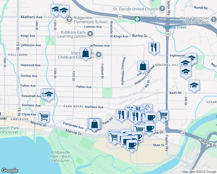 map of restaurants, bars, coffee shops, grocery stores, and more near 803 Braeside Street in West Vancouver