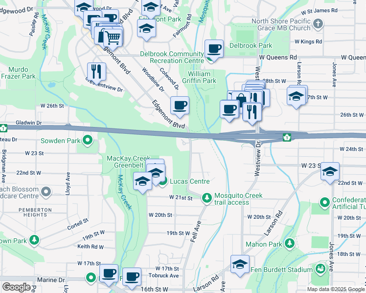 map of restaurants, bars, coffee shops, grocery stores, and more near 2425 Edgemont Boulevard in North Vancouver