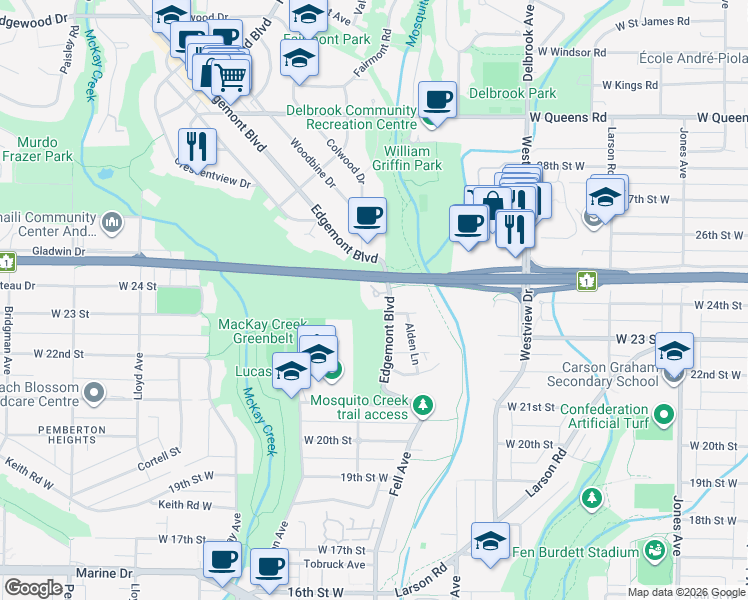 map of restaurants, bars, coffee shops, grocery stores, and more near 2425 Edgemont Boulevard in North Vancouver