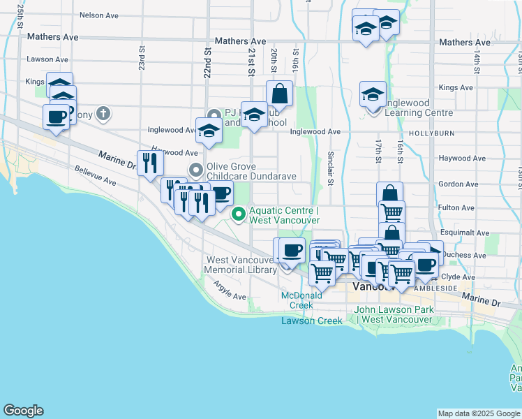 map of restaurants, bars, coffee shops, grocery stores, and more near 2072 Fulton Avenue in West Vancouver