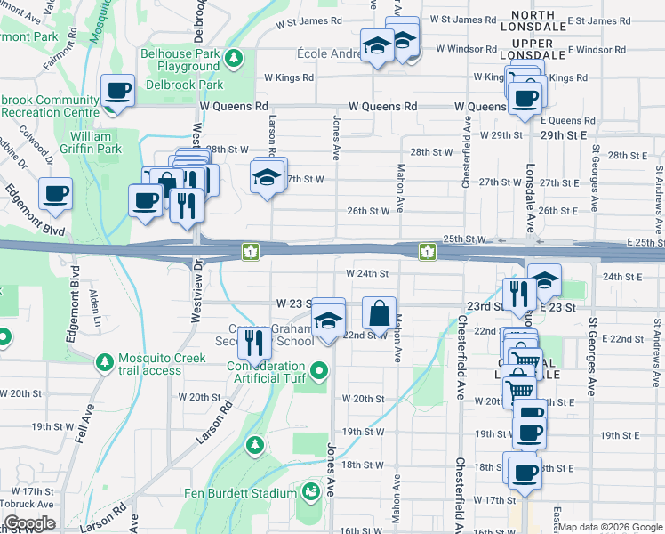 map of restaurants, bars, coffee shops, grocery stores, and more near 402 West 24th Street in North Vancouver