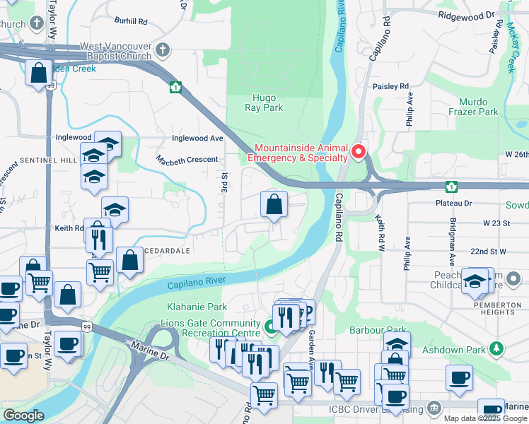 map of restaurants, bars, coffee shops, grocery stores, and more near in West Vancouver