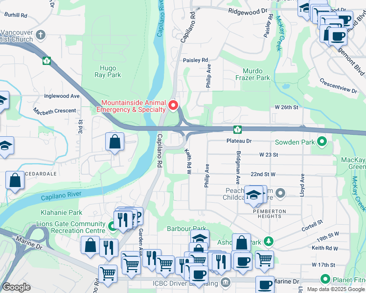 map of restaurants, bars, coffee shops, grocery stores, and more near 4402 Keith Road West in North Vancouver