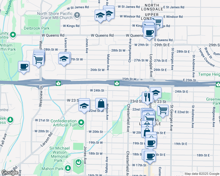 map of restaurants, bars, coffee shops, grocery stores, and more near 2400 Mahon Avenue in North Vancouver