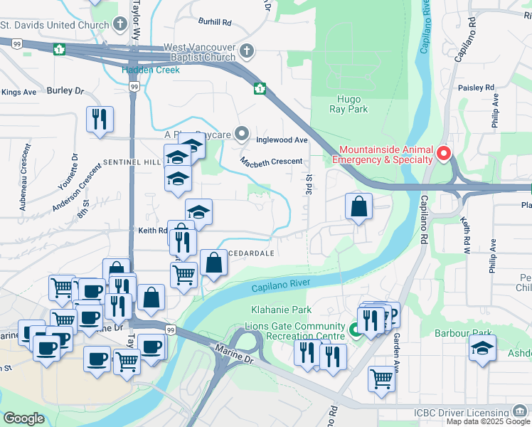 map of restaurants, bars, coffee shops, grocery stores, and more near 416 Gordon Avenue in West Vancouver