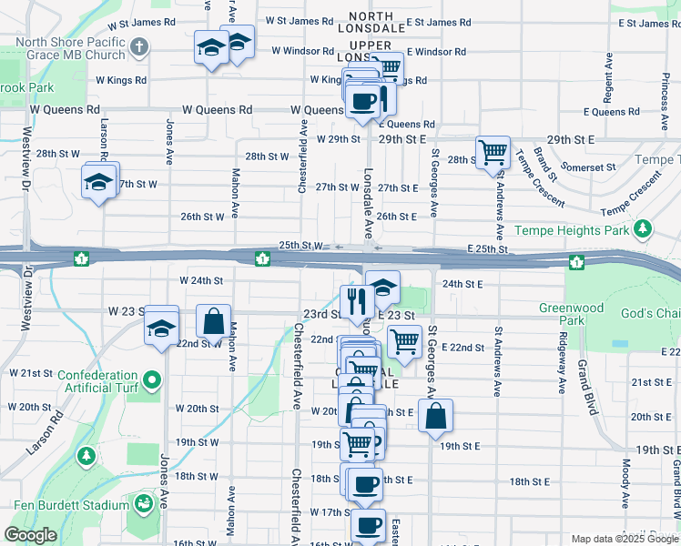 map of restaurants, bars, coffee shops, grocery stores, and more near 2416 Western Avenue in North Vancouver