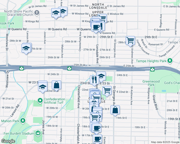 map of restaurants, bars, coffee shops, grocery stores, and more near 2416 Western Avenue in North Vancouver
