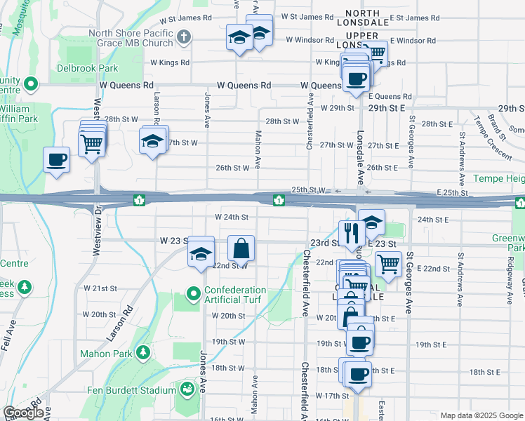 map of restaurants, bars, coffee shops, grocery stores, and more near 2410 Mahon Avenue in North Vancouver