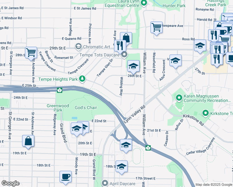 map of restaurants, bars, coffee shops, grocery stores, and more near 2446 Tempe Knoll Drive in North Vancouver