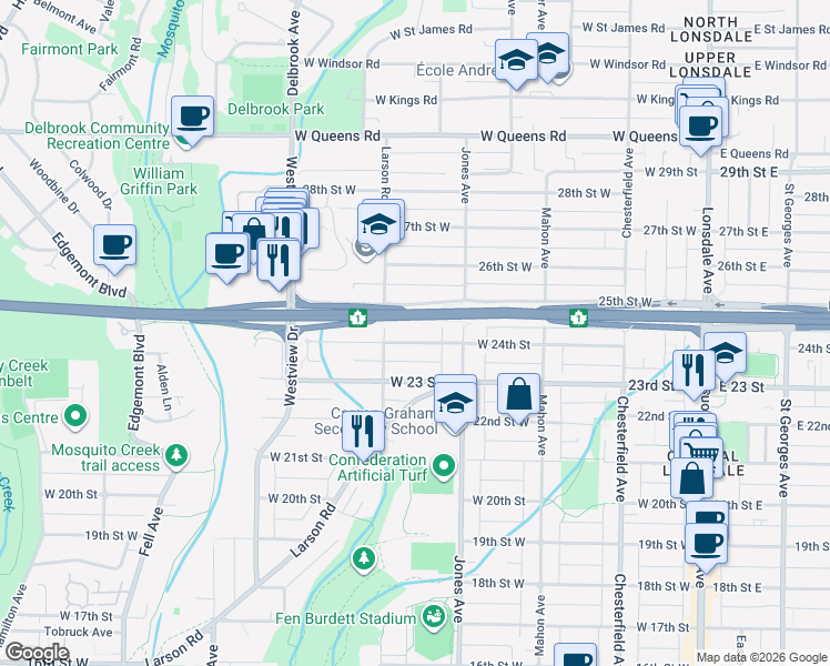 map of restaurants, bars, coffee shops, grocery stores, and more near 436 West 24th Street in North Vancouver