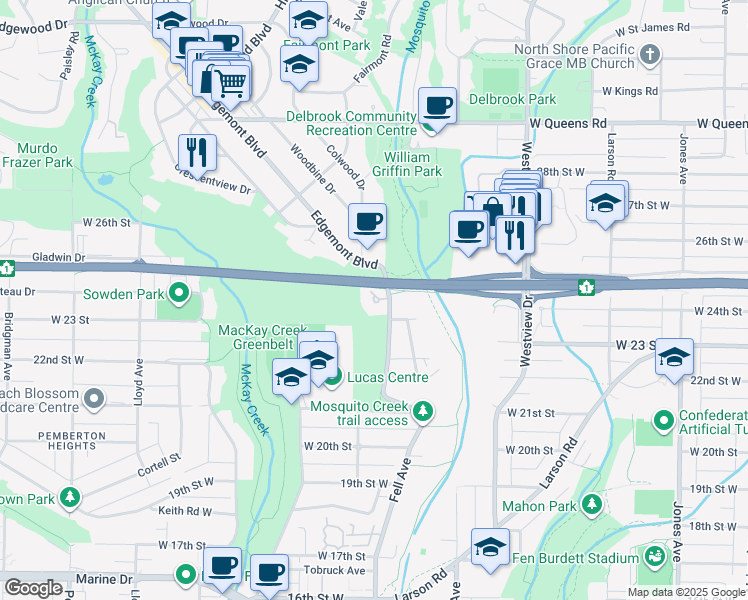 map of restaurants, bars, coffee shops, grocery stores, and more near in North Vancouver