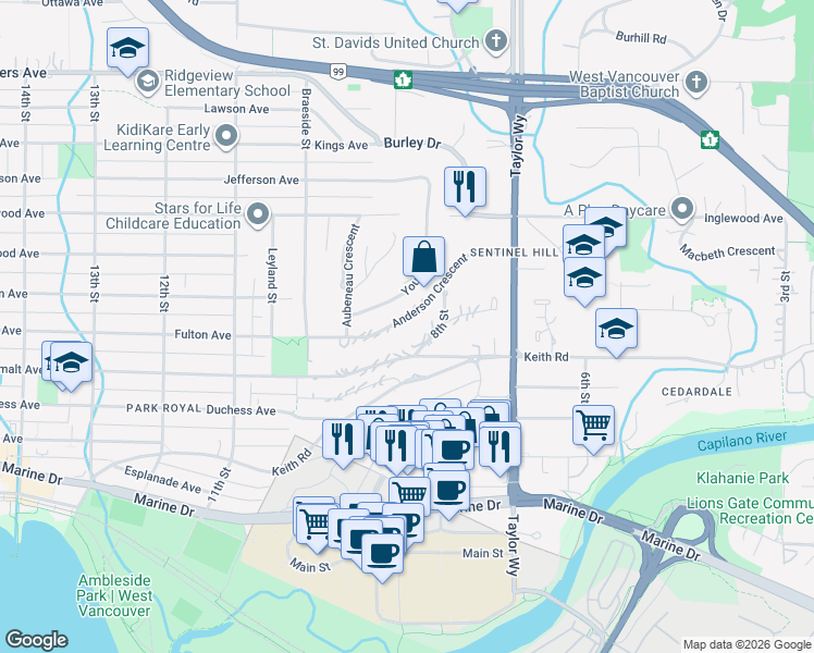 map of restaurants, bars, coffee shops, grocery stores, and more near 856 Anderson Crescent in West Vancouver