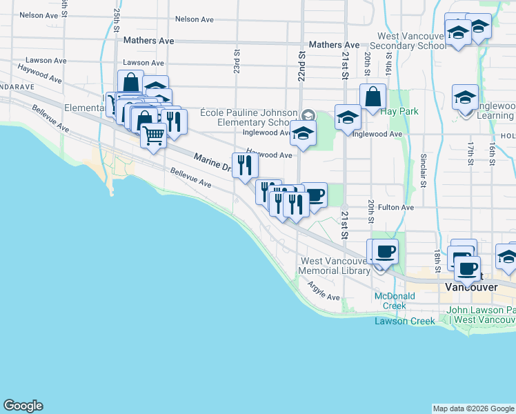 map of restaurants, bars, coffee shops, grocery stores, and more near 2271 Bellevue Avenue in West Vancouver