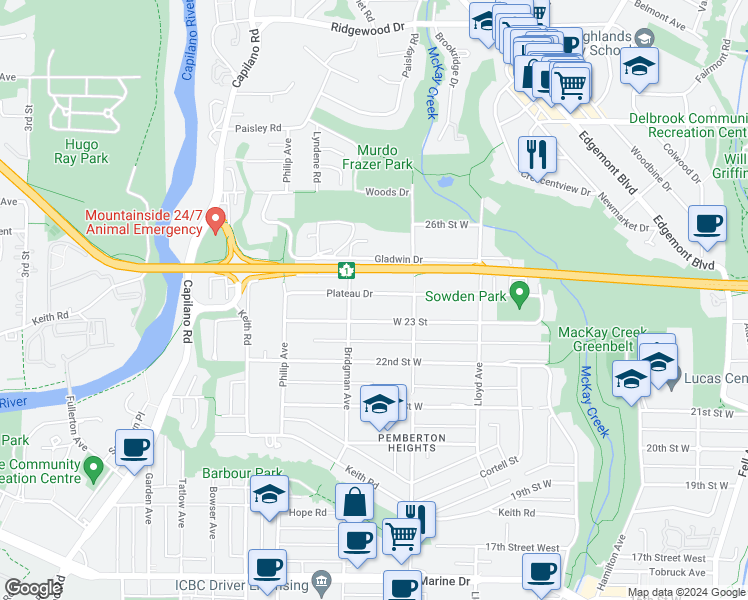 map of restaurants, bars, coffee shops, grocery stores, and more near 1255 Plateau Drive in North Vancouver