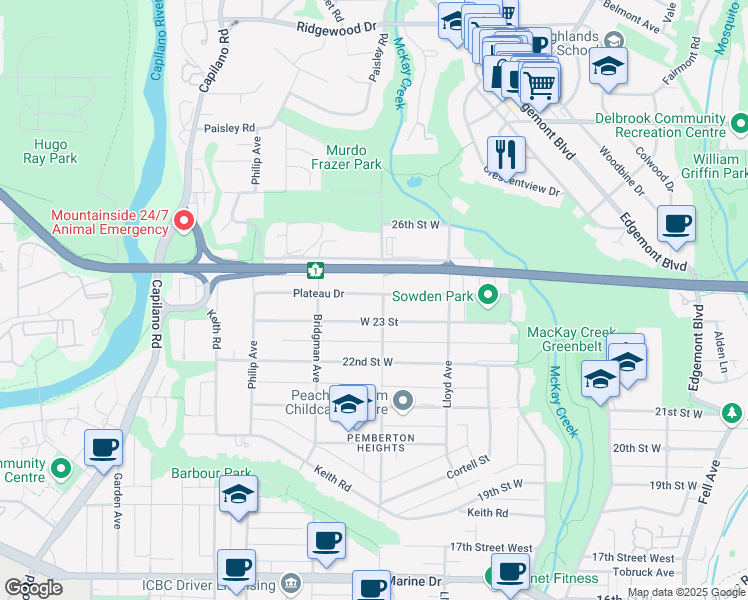 map of restaurants, bars, coffee shops, grocery stores, and more near 1209 Plateau Drive in North Vancouver