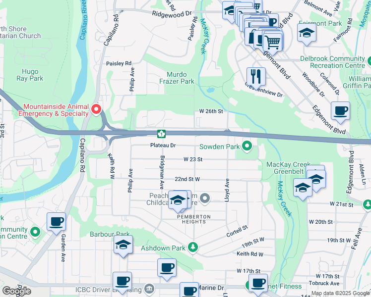 map of restaurants, bars, coffee shops, grocery stores, and more near 1235 Plateau Drive in North Vancouver