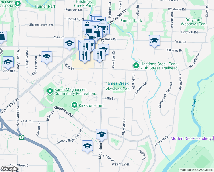 map of restaurants, bars, coffee shops, grocery stores, and more near 1320 Saint Stephens Place in North Vancouver