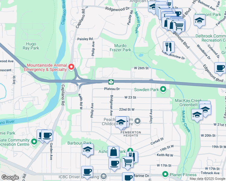 map of restaurants, bars, coffee shops, grocery stores, and more near 1295 Plateau Drive in North Vancouver