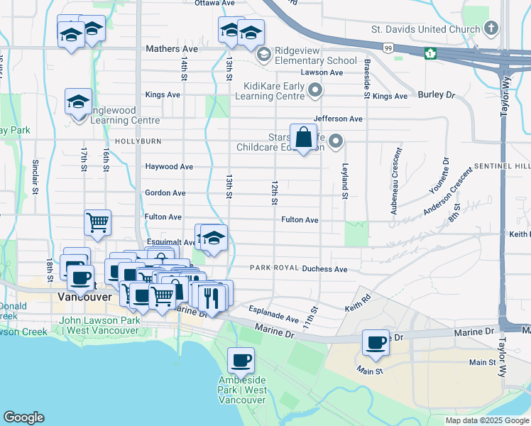 map of restaurants, bars, coffee shops, grocery stores, and more near 1219 Fulton Avenue in West Vancouver