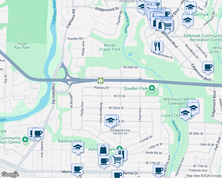 map of restaurants, bars, coffee shops, grocery stores, and more near 1253 Plateau Drive in North Vancouver