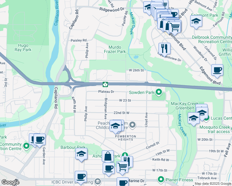 map of restaurants, bars, coffee shops, grocery stores, and more near 1253 Plateau Drive in North Vancouver