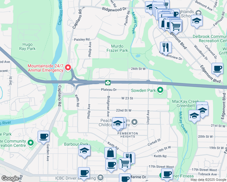 map of restaurants, bars, coffee shops, grocery stores, and more near 1281 Plateau Drive in North Vancouver
