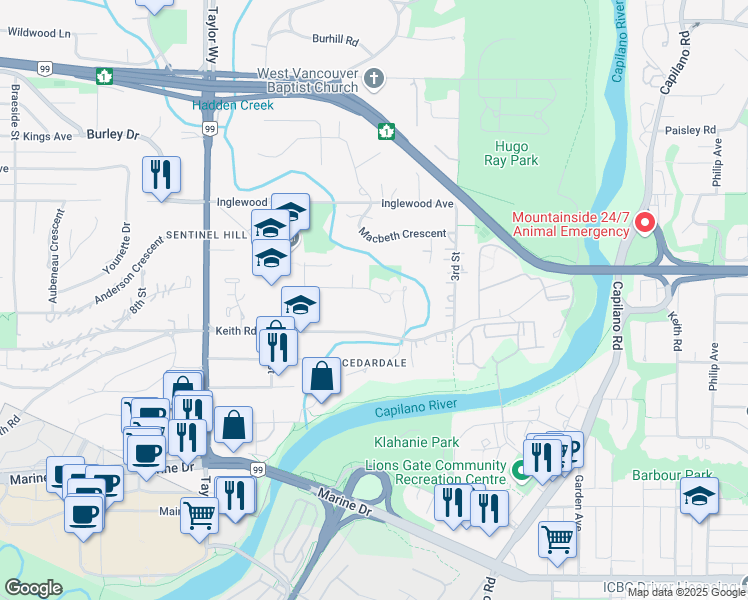 map of restaurants, bars, coffee shops, grocery stores, and more near 448 Gordon Avenue in West Vancouver