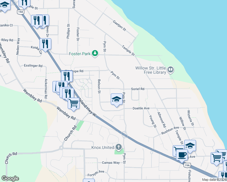 map of restaurants, bars, coffee shops, grocery stores, and more near 738 Soriel Road in Parksville