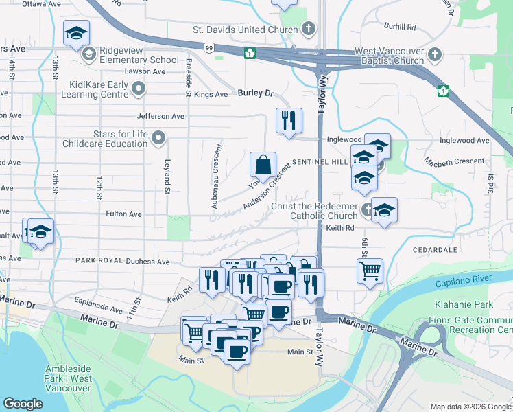 map of restaurants, bars, coffee shops, grocery stores, and more near 846 Anderson Crescent in West Vancouver