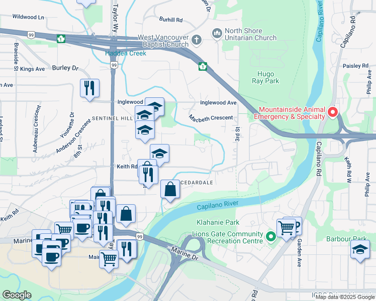 map of restaurants, bars, coffee shops, grocery stores, and more near Esplanade West in Vancouver