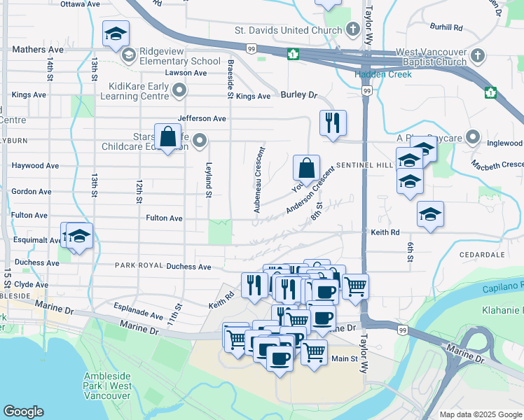 map of restaurants, bars, coffee shops, grocery stores, and more near 960 Younette Drive in West Vancouver