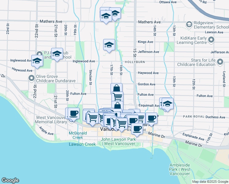 map of restaurants, bars, coffee shops, grocery stores, and more near 828 17 Street in West Vancouver