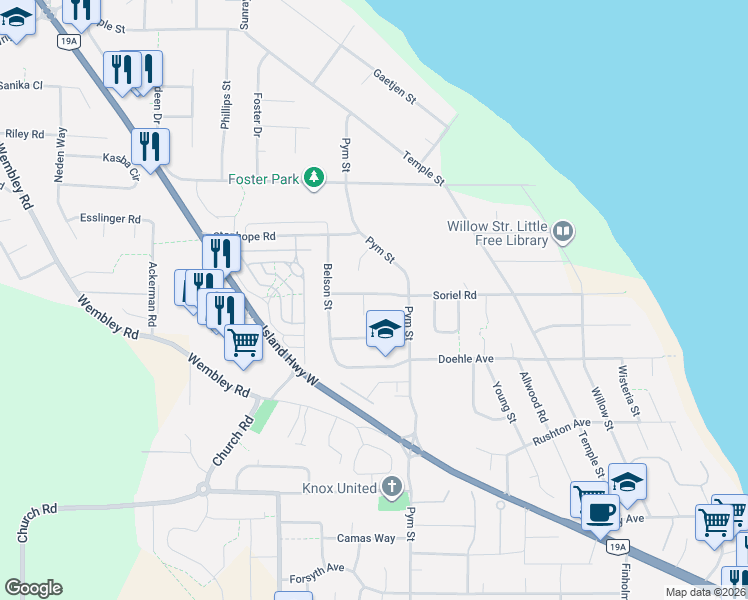 map of restaurants, bars, coffee shops, grocery stores, and more near 738 Soriel Road in Parksville