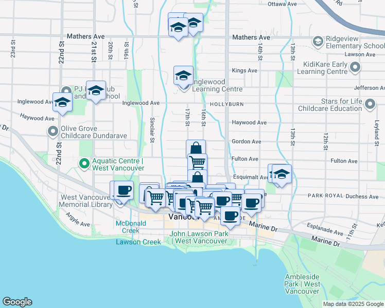 map of restaurants, bars, coffee shops, grocery stores, and more near 828 17th Street in West Vancouver