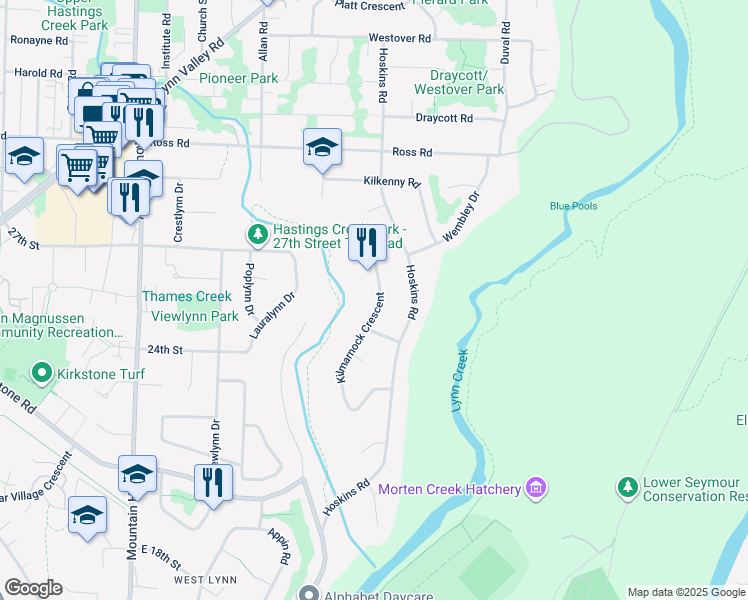 map of restaurants, bars, coffee shops, grocery stores, and more near 2573 Kilmarnock Crescent in North Vancouver