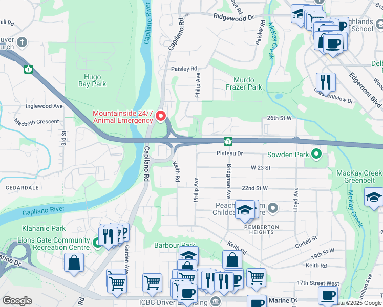 map of restaurants, bars, coffee shops, grocery stores, and more near 2397 Philip Avenue in North Vancouver