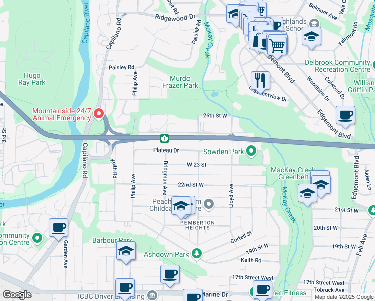 map of restaurants, bars, coffee shops, grocery stores, and more near 1235 Plateau Drive in North Vancouver