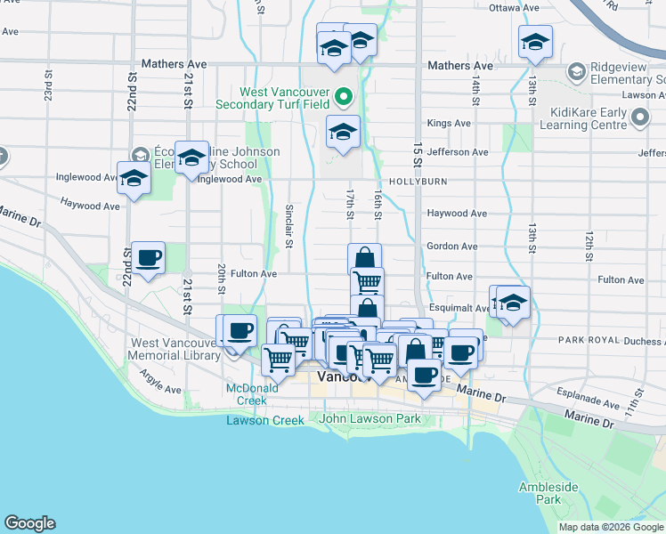 map of restaurants, bars, coffee shops, grocery stores, and more near in Vancouver